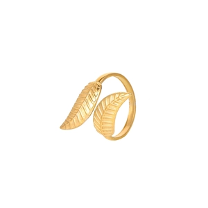 Close-up of gold leaf ring featuring green enamel leaves and detailed vein textures