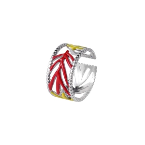 Bague feuille évidée artistique en émail coloré et acier inoxydable doré