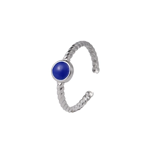 Bague réglable minimaliste en argent avec émail bleu et texture de corde torsadée