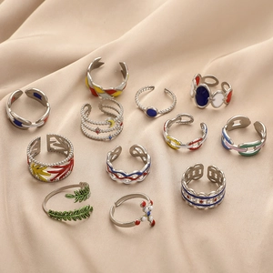 Bague Ouverte en Émail Goutte Bohème pour Femmes en Acier Inoxydable Feuille Lune Étoile Croix Bague Réglable Bijoux