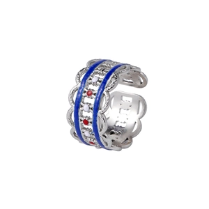 Bague ouverte style français vintage en acier titane argenté avec émail coloré ajouré