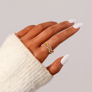 Elegant double-layered wavy beaded stainless steel ring with colorful enamel accents