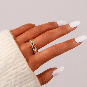 French vintage clover open ring in colorful enamel with hammer texture gold band