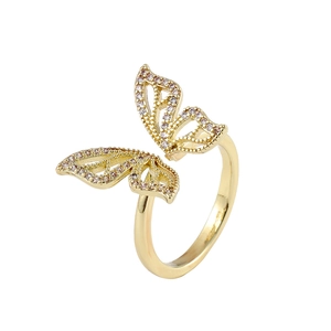 Bague ouverte papillon dorée avec des zircons cubiques roses et transparents brillants