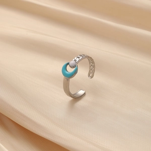 Adjustable stainless steel ring with blue crescent moon and hollow chain design