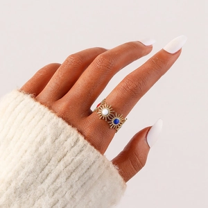 Gold sunburst stainless steel ring with red white and blue enamel for women