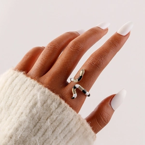 Adjustable snake ring with black and white enamel and zircons on a gold-plated base