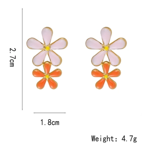Gold plated stainless steel double flower earrings in pink and orange enamel style