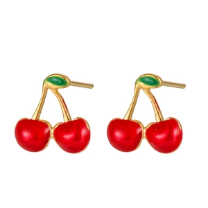 Sweet cherry stud earrings in gold-plated stainless steel with vibrant red enamel