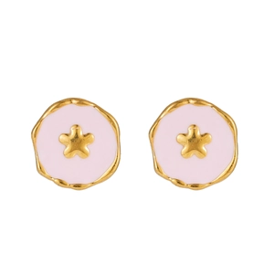 Detailed macro view of pink enamel star stud earrings with gold plated wavy metal borders