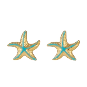 Detail of gold-plated starfish earrings with light blue enamel inlay on a white background