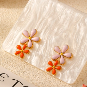 Gold-plated stainless steel double flower earrings with colorful enamel glaze finish