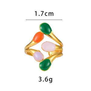 Bague ajustable en acier inoxydable doré avec pois en émail colorés en forme de feuille