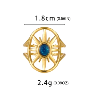 Gold hollow sun ring with blue gemstone center and 1.8cm adjustable inner diameter