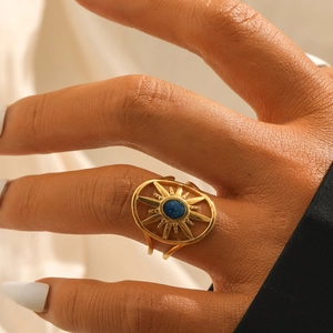 Vintage Sunburst Hollow Stainless Steel Open Ring Gold Plated Blue Drip Oil Adjustable Ring For Women Retro Boho Jewelry