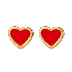 Close-up of red enamel heart-shaped earrings with polished gold plated stainless steel edges