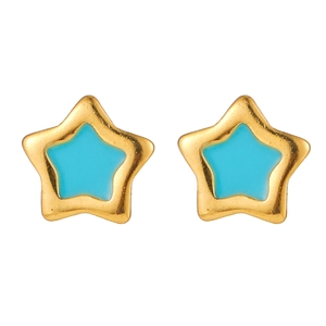 Close-up of gold-plated stainless steel star earrings with blue enamel filling