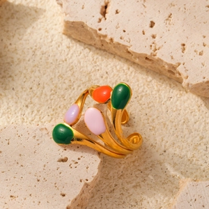 Bague réglable en acier doré avec gouttes d'émail colorées et design en spirale de feuilles