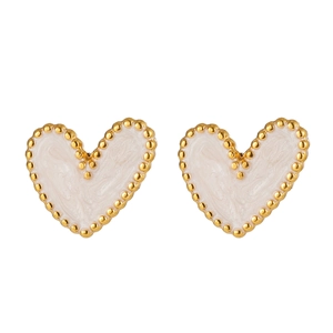 Detail of heart stud earrings with gold beaded edges and white marble enamel finish