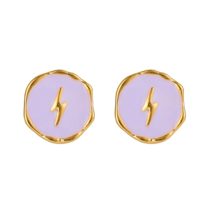 Close-up of gold-plated lightning bolt earrings with lavender enamel finish