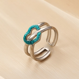 Bague double anneau réglable en argent avec un cœur texturé en émail turquoise