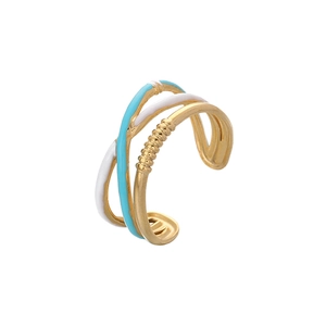 Détail de la bague dorée avec émail bleu et blanc et anneau texturé au design entrelacé