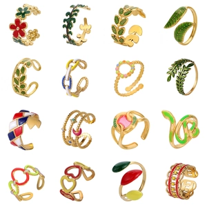 Mode Coloré Émail Acier Inoxydable Bague Ouverte Pour Femmes Forêt Feuille Fleur Plaqué Or Anneau De Doigt Réglable Bijoux Cadeau
