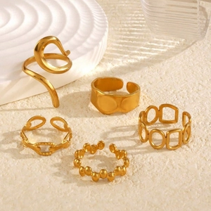 Set di 5 anelli regolabili in acciaio inossidabile placcati oro 18K con design geometrico