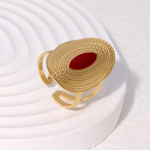 Vintage wide gold stainless steel open ring with oval red gemstone and textured finish