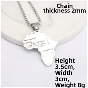 Detail view of silver stainless steel Africa map pendant with engraved city names and box chain