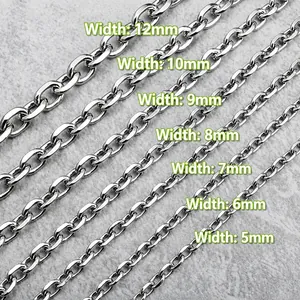 Edelstahl-Gliederketten in verschiedenen Breiten von 5mm bis 12mm auf grauem Grund