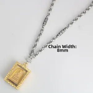 Detail view of 8mm wide twisted chain and golden rectangle Buddha pendant necklace