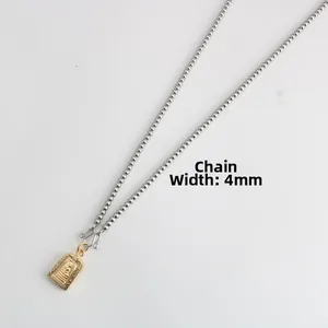 Detail of 4mm stainless steel ball chain and golden rectangular Buddha pendant