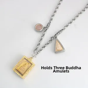 Stainless steel twisted rope chain necklace with three hangers for Buddhist amulets