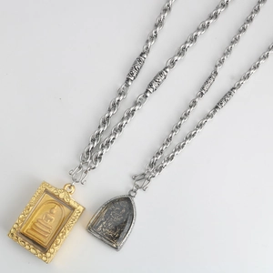 Vintage Thai Buddha pendant necklaces with stainless steel chain and gold floral frame