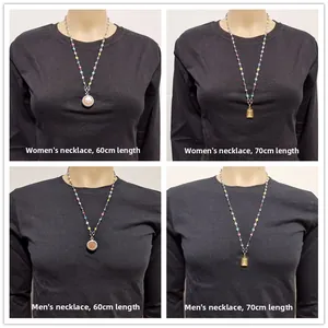Comparison of 60cm and 70cm stainless steel bead necklaces shown on men and women
