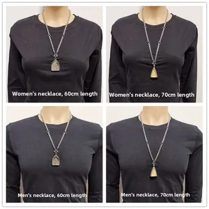 Comparison of 60cm and 70cm stainless steel Buddhist pendant necklace lengths on model
