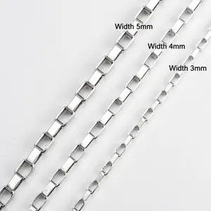 Polished stainless steel box chain necklaces in 3mm, 4mm, and 5mm width comparisons
