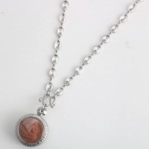 Macro view of silver pig nose chain with S-hook and brown Buddhist pendant