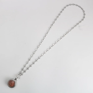Silver stainless steel pig nose chain necklace with a red-brown circular carved pendant