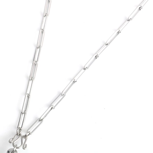 Polished stainless steel paperclip chain necklace with S-hook clasp on white background