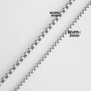 Detail view of 3mm and 4mm polished stainless steel box chains for necklaces