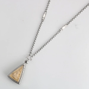 Detail of silver stainless steel box chain necklace with Buddhist pendant and S-clasp