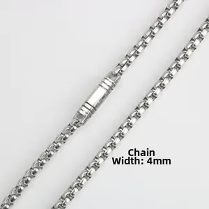 Macro detail of 4mm stainless steel silver box chain showing the link structure