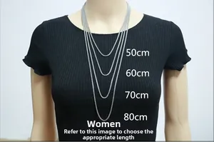 Size guide showing stainless steel chain necklace lengths 50cm to 80cm on a model