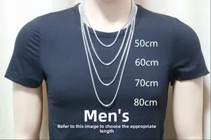 Men's stainless steel chain length guide showing 50cm to 80cm options on a black tee