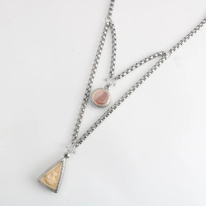 Stainless steel box chain necklace with dual Buddhist amulets and religious icons