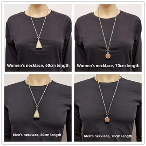 Stainless steel square pearl chain necklace showing 60cm and 70cm lengths on models