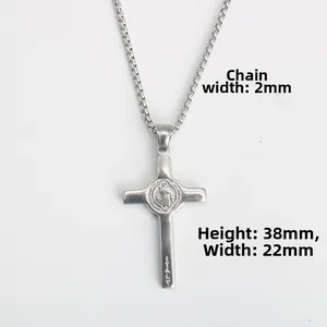 Detail of Saint Benedict cross pendant measuring 38mm height and 22mm width with 2mm chain