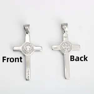 Detailed front and back views of a vintage stainless steel St. Benedict cross pendant